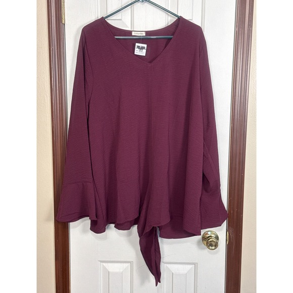 Cotton Bleu Tie-Front Blouse Bell Sleeve V-Neck Top Wine‎ Purple 3X - Picture 1 of 3